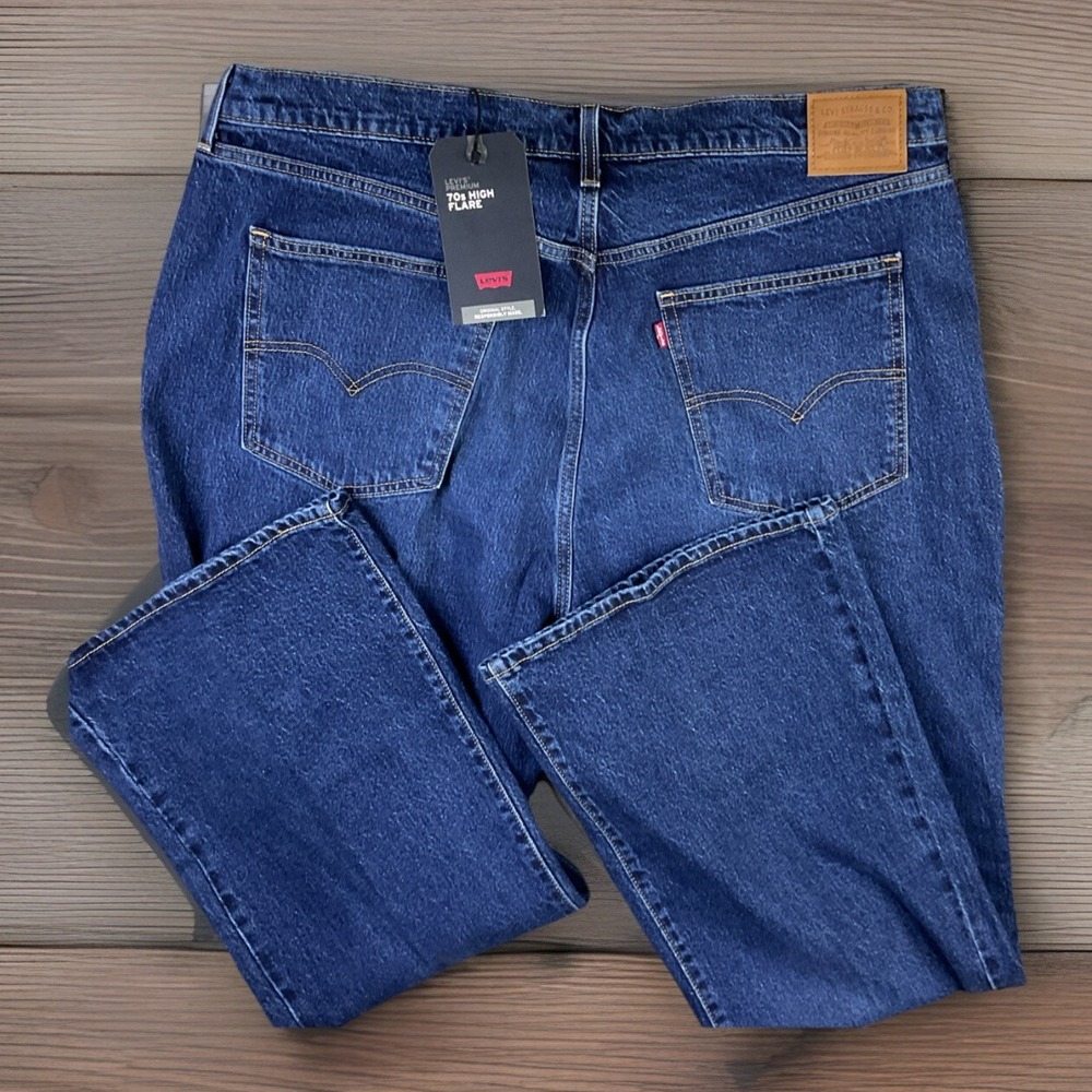 Levis Premium 70s High Flare Jeans Womens Plus 22W Dark Wash Denim Big E NWT‎